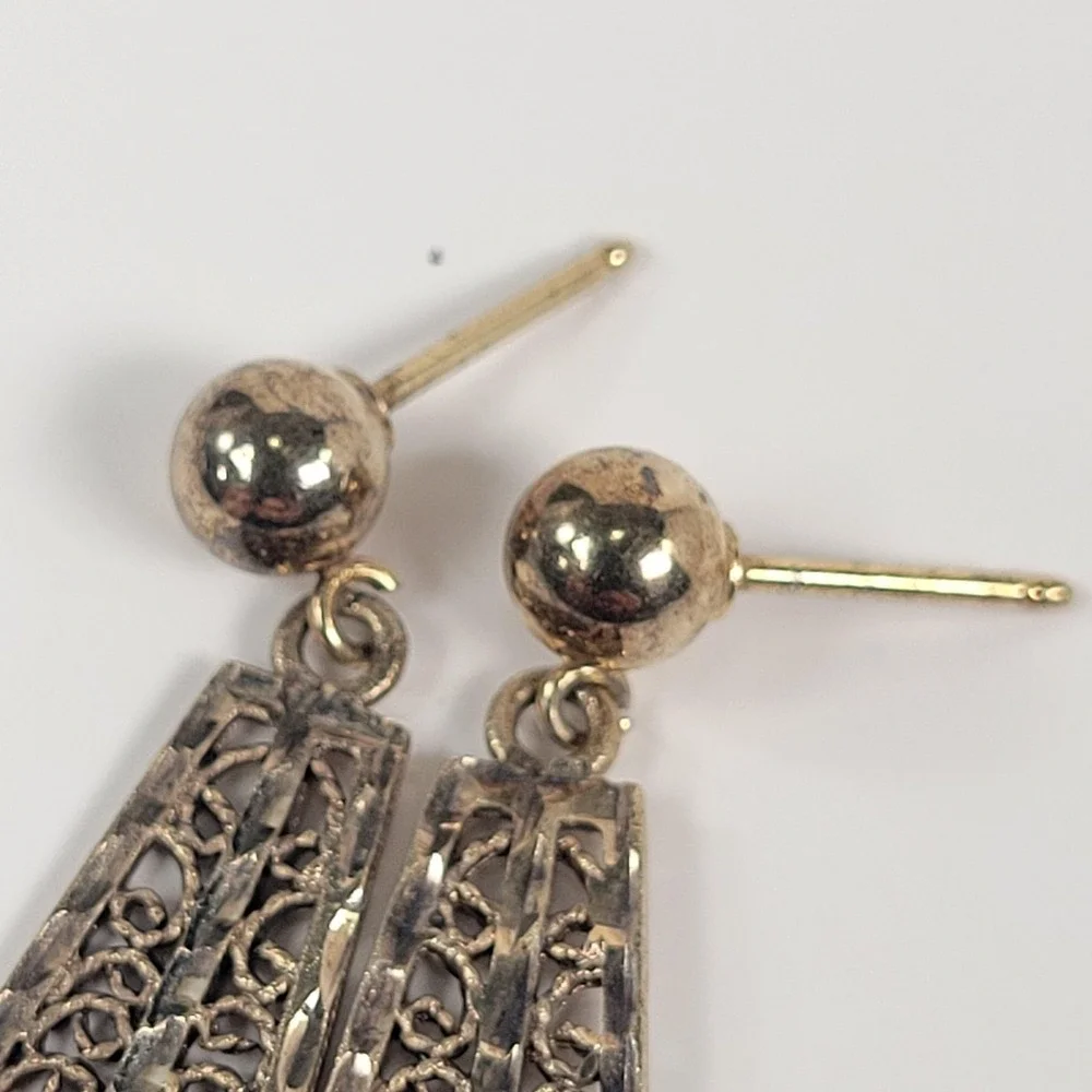 Gold Vermeil 925 Dangle Earrings Rectangular Filigree Drop Geometric Jewelry‎